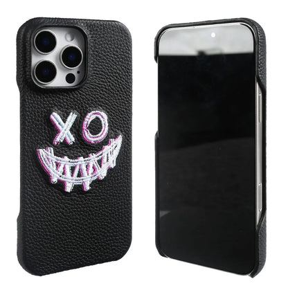 【本革シリーズ】艶なし シボ革 スマイル ステッチ レザーケース｜iPhone対応 #240901