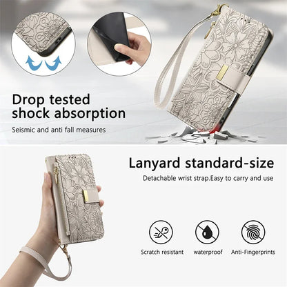 【ブックスタイル】フラワー型押し レザー調  手帳型 iPhoneケース｜財布一体型・ショルダー対応 #240123