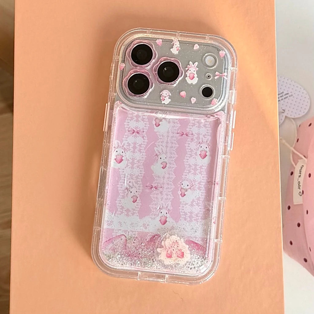 うさぎ＆いちご 流れるラメ iPhoneケース｜ピンク・ゆめかわデザイン #260033