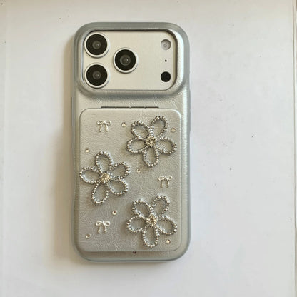 フラワーデコ パール・上品ガーリー フリップミラー付き iPhoneケース #231105