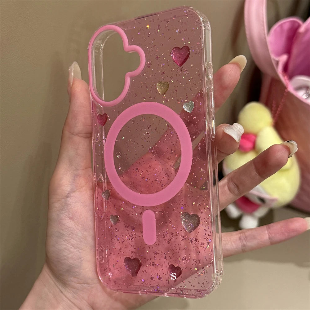 ホットピンク ぷっくりハート ラメグリッター Magnet内蔵 iPhoneケース｜Y2K・韓国ガーリー #230728