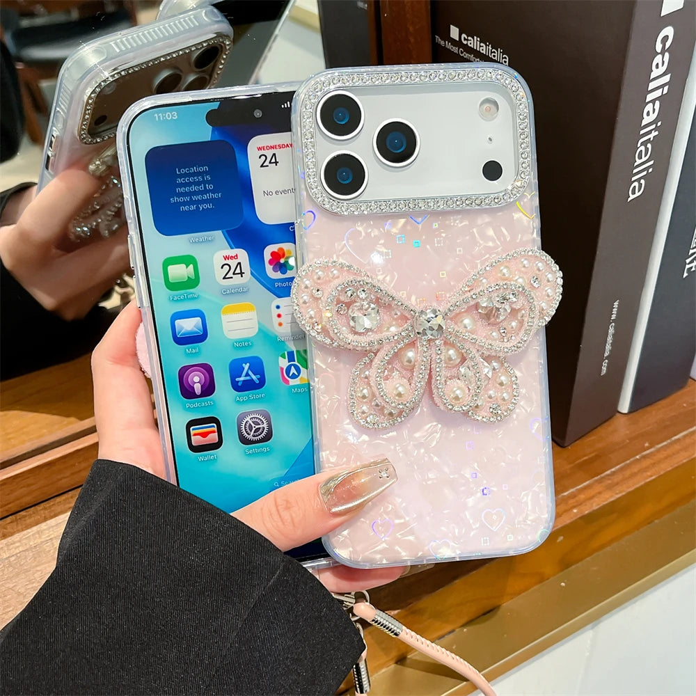 バタフライモチーフ iPhoneケース｜蝶々 パールビジューデザイン・ストラップ付き #240602