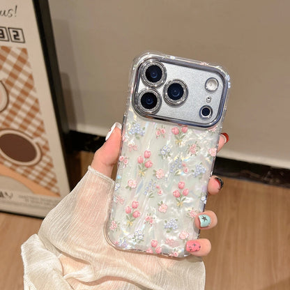 【フローラルミルキーシェル】フラワー×パール調デザイン スマホケース｜iPhone対応 #250704