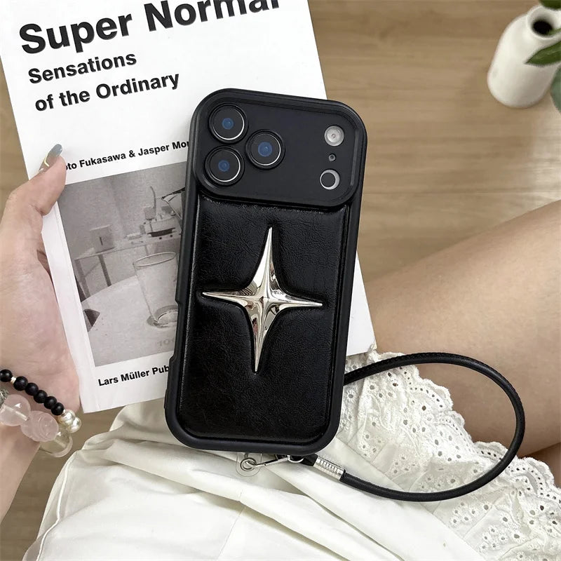 ダイヤスター メタル レザー調 iPhoneケース｜立体パーツ・ブラック・韓国モード #230725