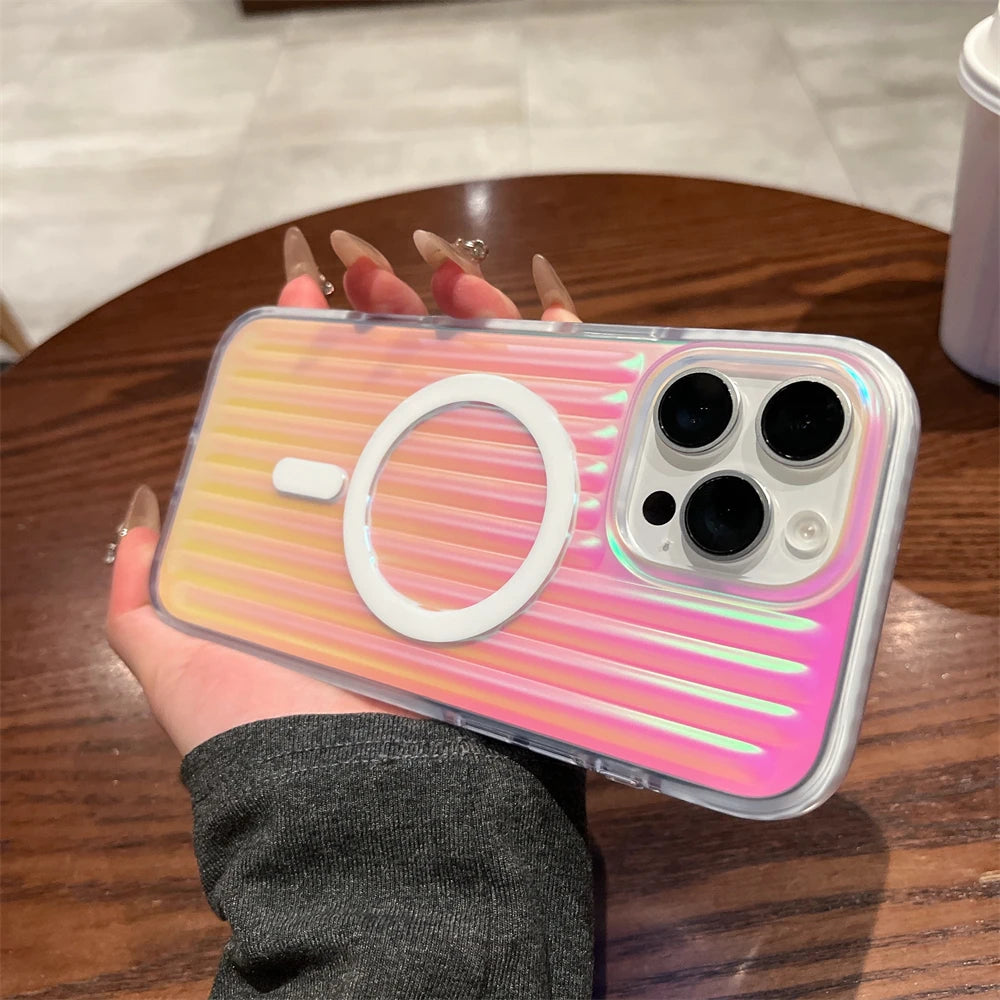 【ワイヤレス充電対応シリーズ】オーロラグラデーション 光沢リブ加工 スマホケース｜iPhone対応 #250831
