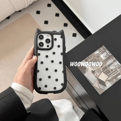 【猫耳シリーズ】ハートドット クリア iPhoneケース｜水玉 クリアケース #240220