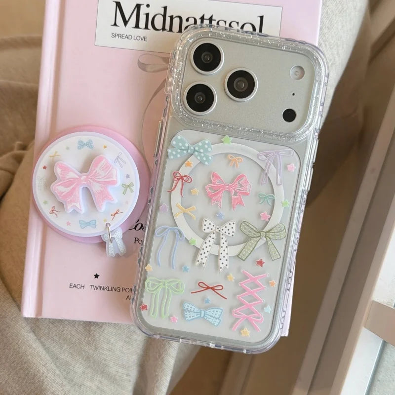 リボン総柄 クリアグリッター Magnetグリップ付き iPhoneケース #260213