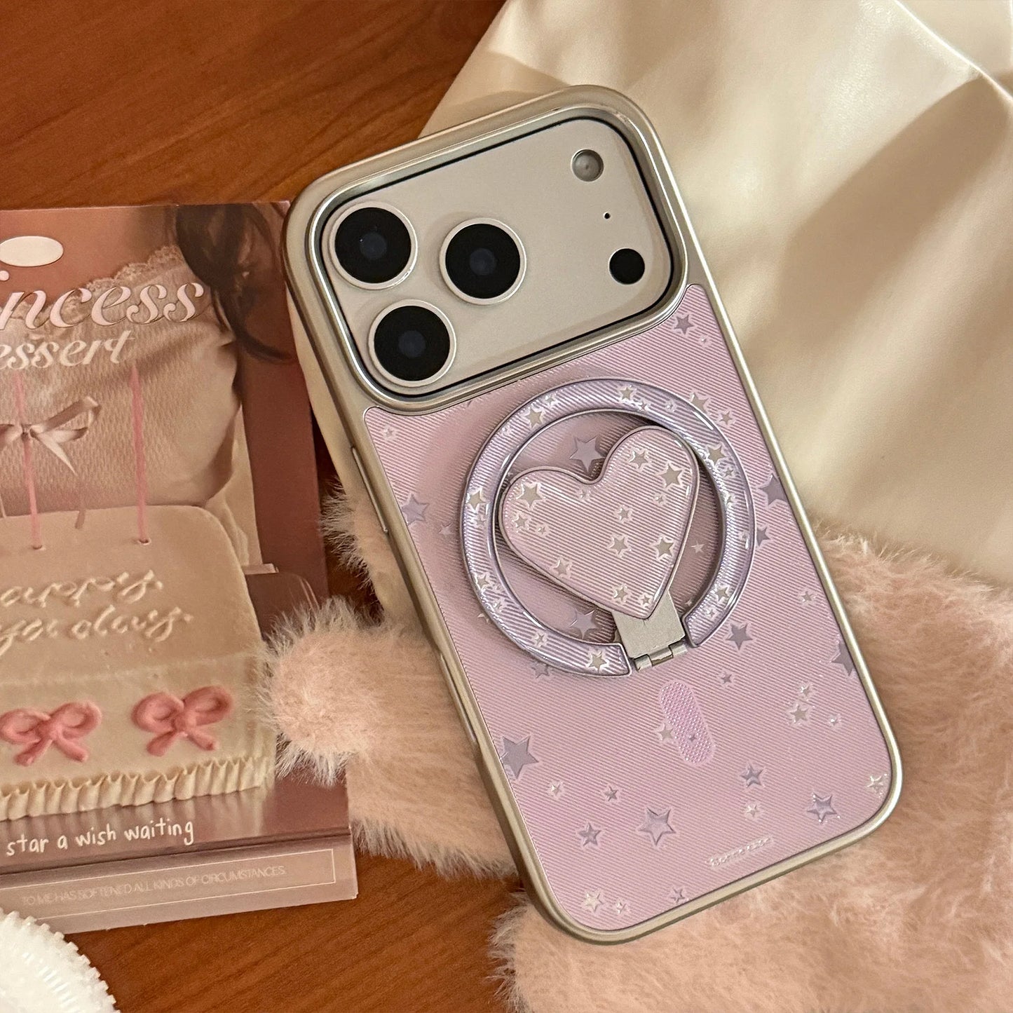 【マグネット式折りたたみハートスタンド付き】星柄 ラベンダー ハートリング付きスマホケース｜iPhone対応 #240705