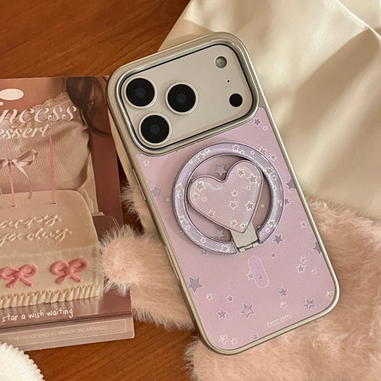 【マグネット式折りたたみハートスタンド付き】星柄 ラベンダー ハートリング付きスマホケース｜iPhone対応 #240705