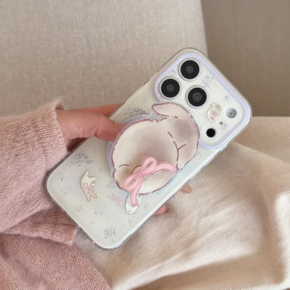うさぎグリップ 小花×パープル クリア Magnet内蔵 iPhoneケース｜淡色・透明感 #260016