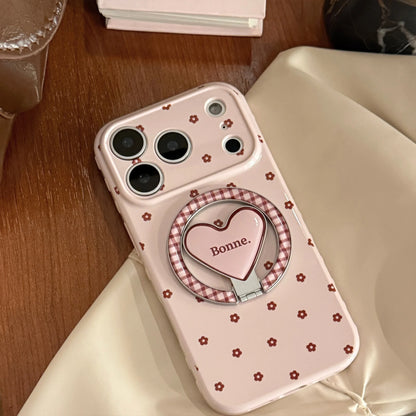 【マグネット式折りたたみハートスタンド付き】リボン × プチフラワー 小花 ハートスタンドスマホケース｜iPhone対応 #240628