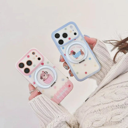 カラフルドット 水玉 ミニチュアダックス 360度回転 リングスタンド付き iPhoneケース #231209