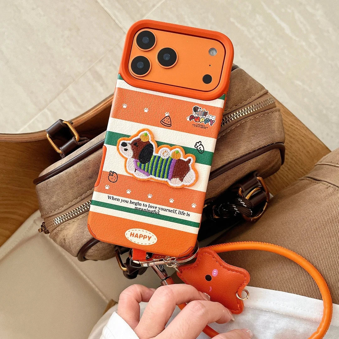 【アニマル刺繍】わんこワッペン × オレンジボーダー ストライプ スターチャーム付き スマホケース｜iPhone対応 #240911