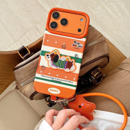 【アニマル刺繍】わんこワッペン × オレンジボーダー ストライプ スターチャーム付き スマホケース｜iPhone対応 #240911