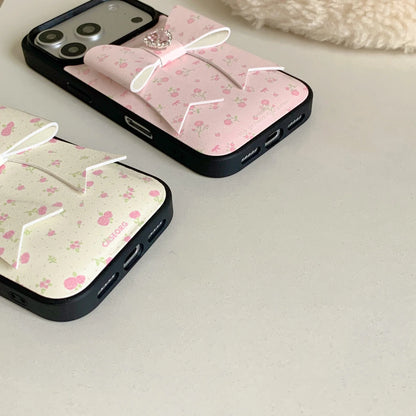 【立体リボン】ハートビジュー フラワー ソフトレザー調 小花柄 iPhoneケース #260208