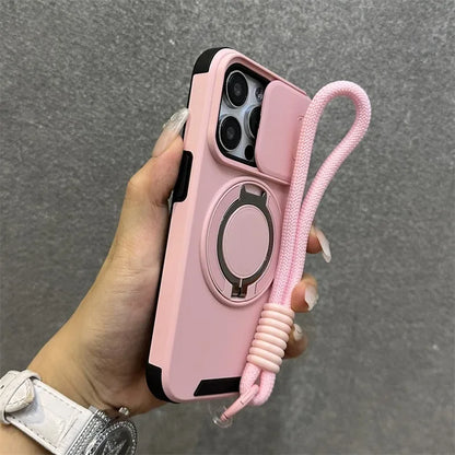 【耐衝撃シリーズ】カメラレンズカバー付き 折りたたみリングスタンド ストラップ付き スマホケース｜iPhone対応 #251226