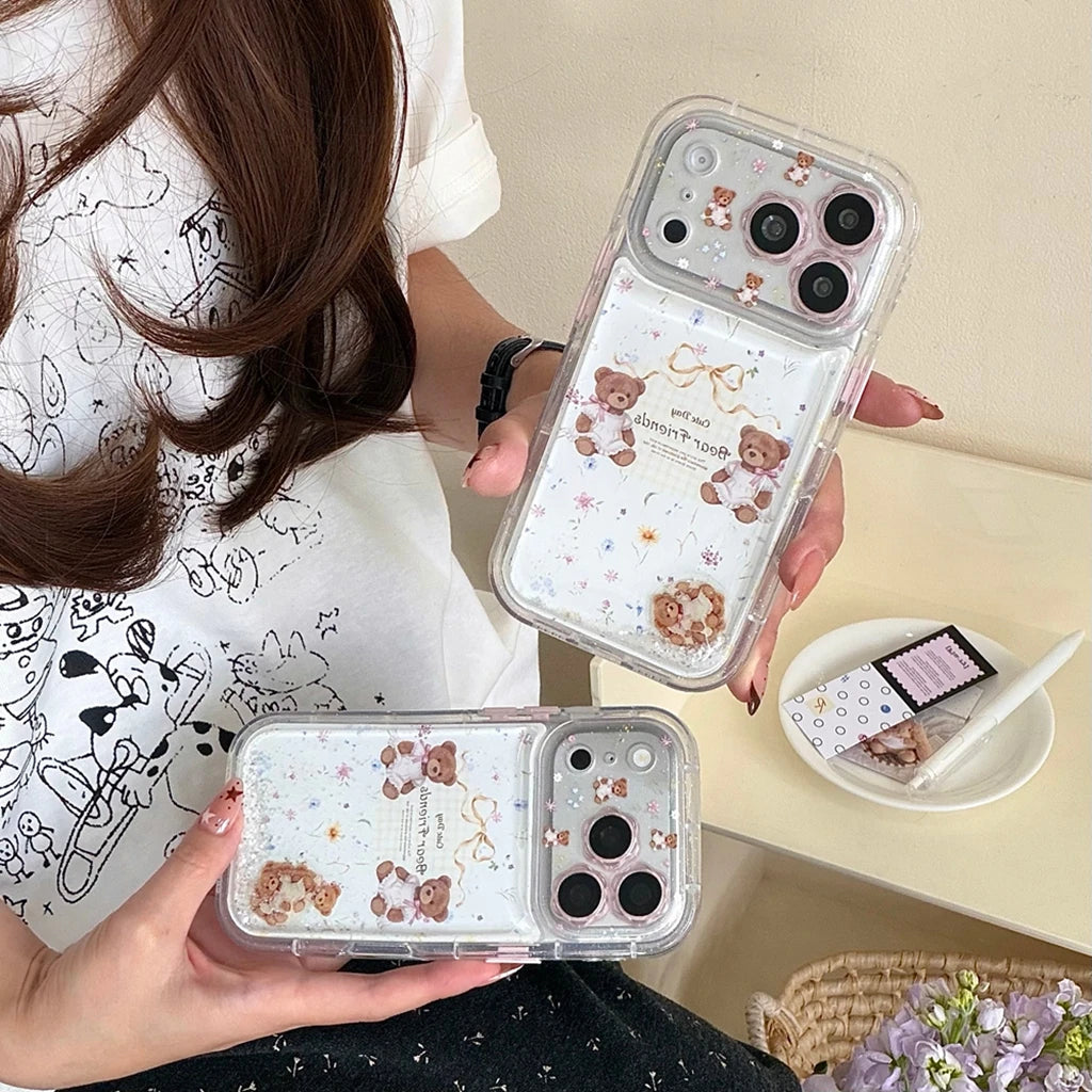 くま フラワー 流れるラメ iPhoneケース｜透明感クリア・ゆめかわデザイン #260040