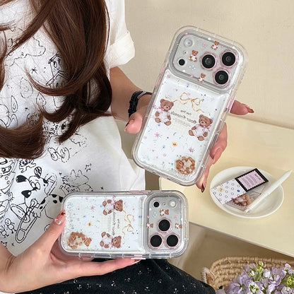 くま フラワー 流れるラメ iPhoneケース｜透明感クリア・ゆめかわデザイン #260040
