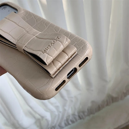 【クロコ調リボングリップ】型押し クロコレザー調 × 立体リボン スマホケース｜iPhone対応 #240617