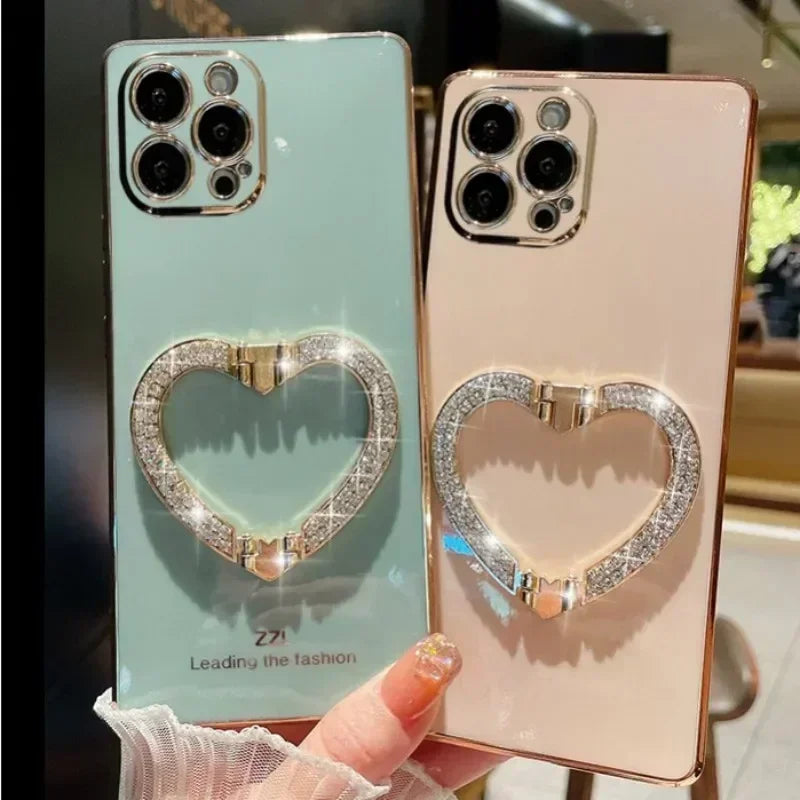 【キラキラビジュー ハート】リングスタンド ケース｜iPhone対応 #250526