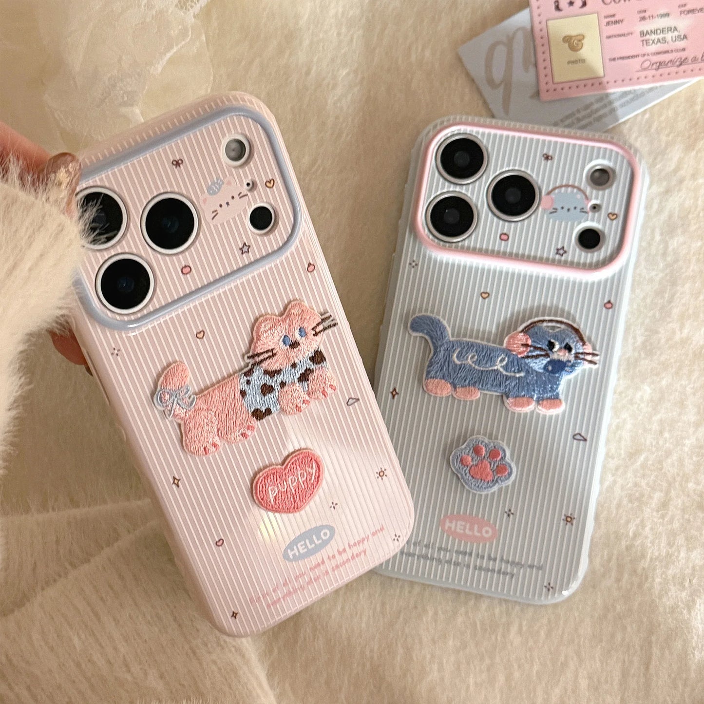 【アニマルシリーズ】 ねこ Cat 刺繍 ストライプケース｜iPhone対応 #240915