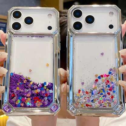 【流れるシリーズ】グリッタージュエル リキッド スパークル スマホケース｜キラキラハート入りデザイン｜iPhone対応 #241124