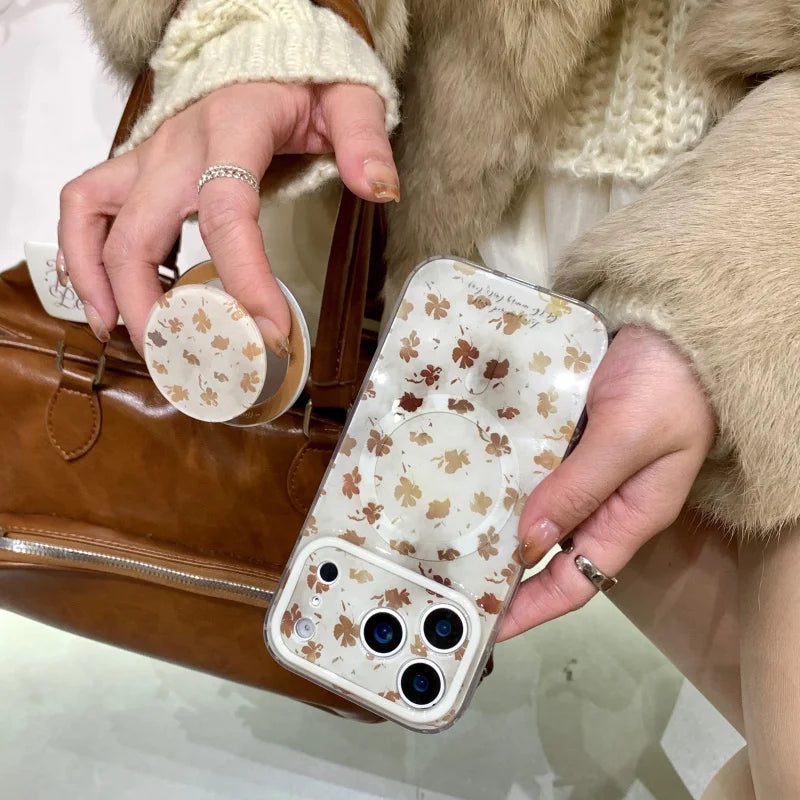 ブラウンリーフ Magnet内蔵 iPhoneケース｜落ち葉柄・マグネットリング付き #240430
