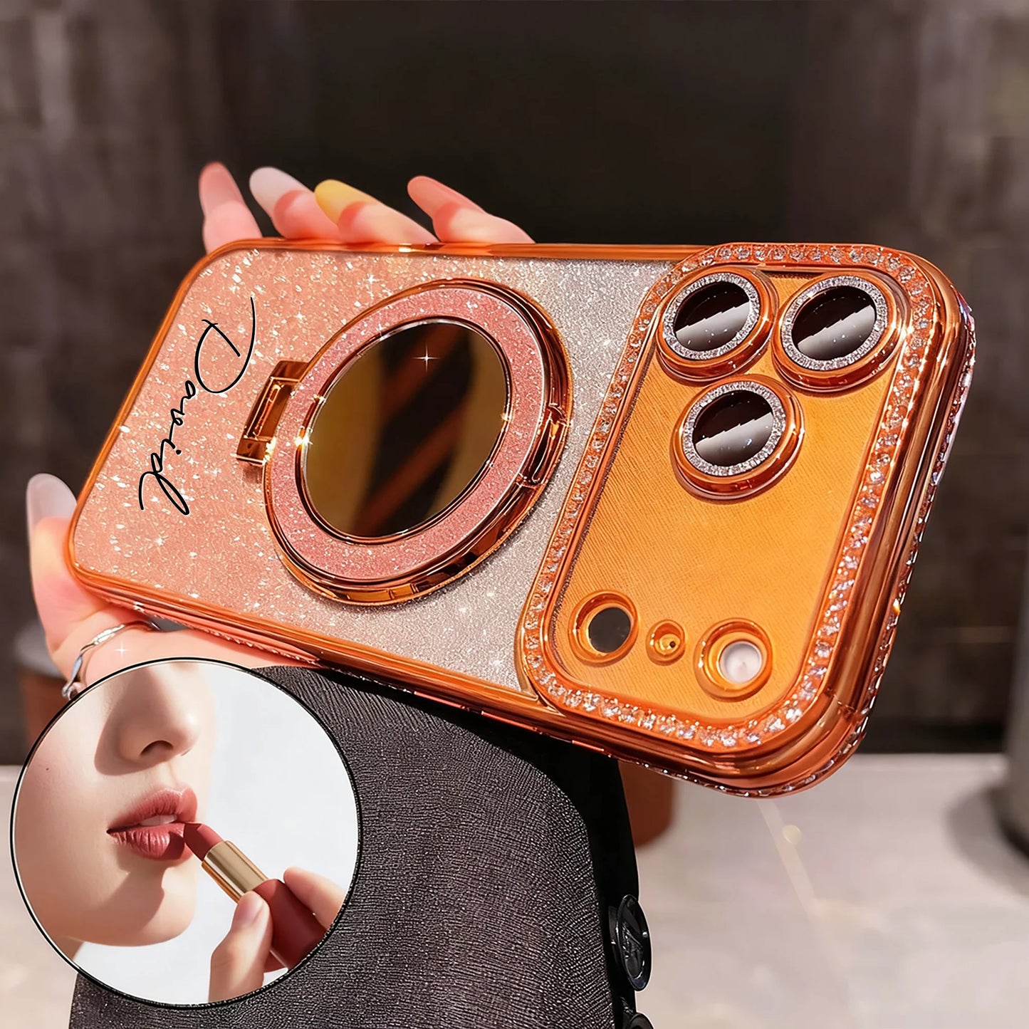 【カスタムシリーズ】名入れ リングスタンド ミラー付き iPhoneケース｜ラメグラデ #260216