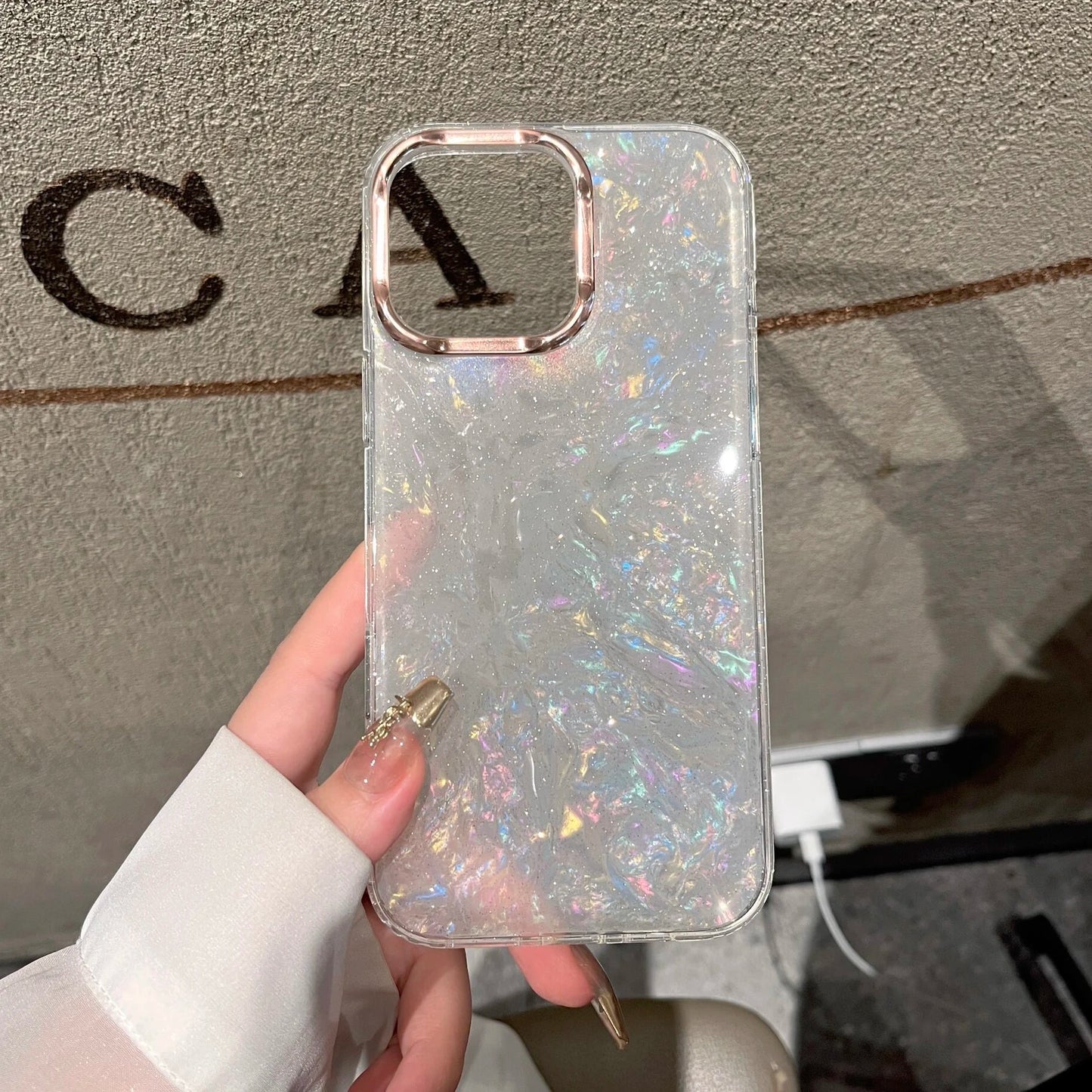 【大理石風】上品パール調 ホワイトシェル クリア iPhoneケース 高級感 キラキラ おしゃれ 耐衝撃｜iPhone対応 #250405