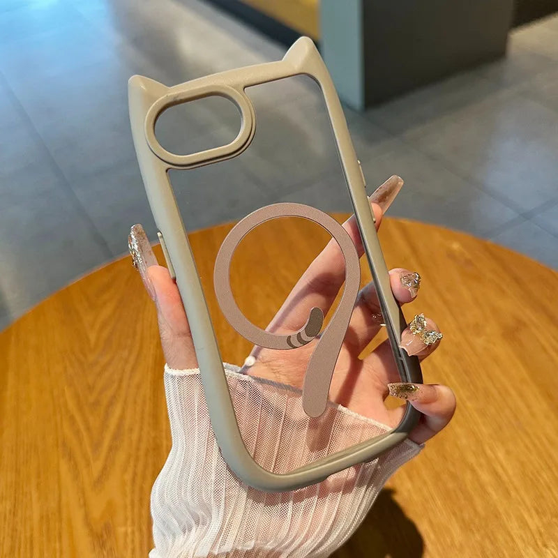 【猫耳シリーズ】Magnet内蔵 しっぽデザイン カラーフレーム iPhoneケース #240215