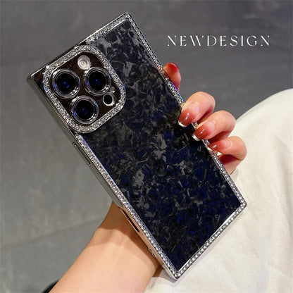 【スクエアシリーズ】大理石風 シェルパール キラキラビジュー スマホケース｜iPhone対応 #250817