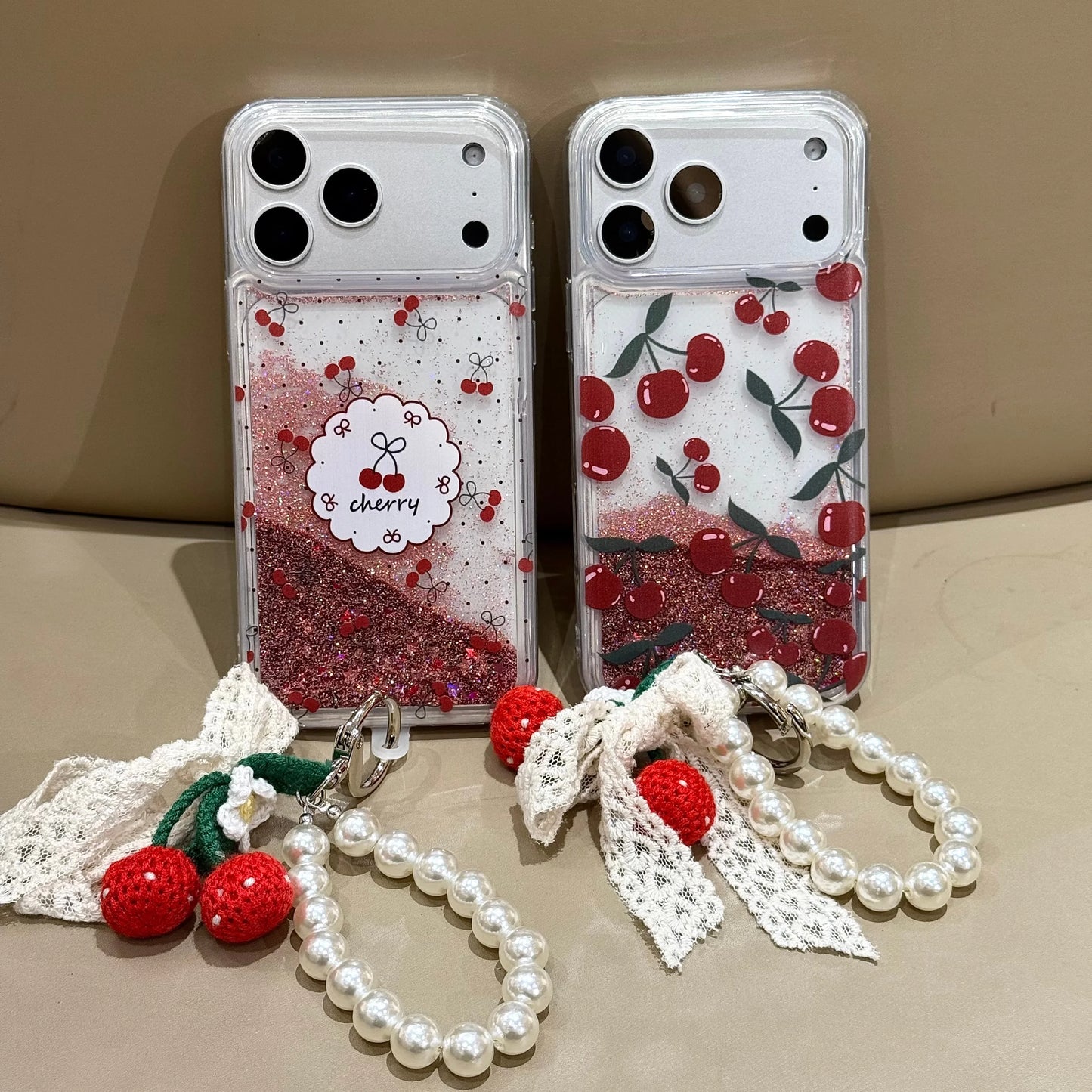 チェリー柄 リキッドグリッター パールストラップ付き クリア iPhoneケース キュート・ガーリー・韓国風 #261119