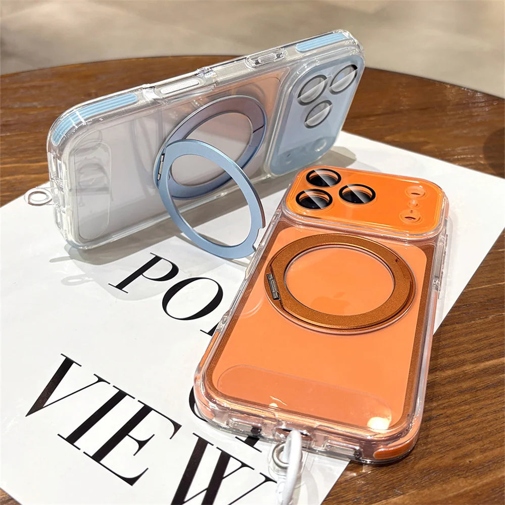 【折りたたみリングスタンド付き】クリア × カラーバンパー ストラップ付き スマホケース｜iPhone対応 #241218