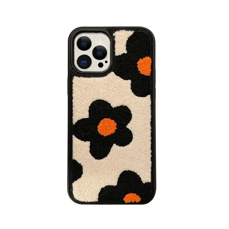 【もこもこレトロパターン】刺繍風パイル×アート柄 スマホケース｜iPhone対応 #250616
