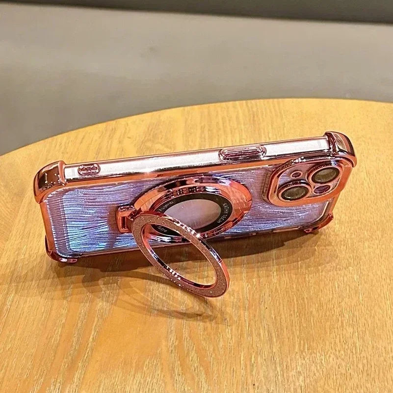 【Magsafe対応】高級感 ゴールド×ラメ リング付き iPhoneケース｜耐衝撃・スタンド機能・キラキラデザイン｜iPhone対応 #250407