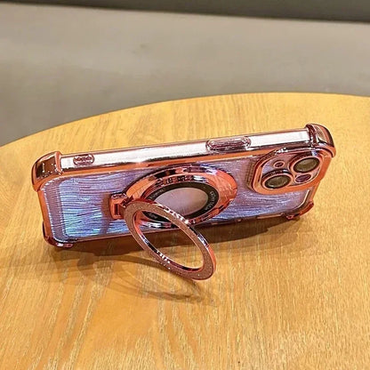 【折りたたみリングスタンド】高級感 ゴールド×ラメ リング付き iPhoneケース｜耐衝撃・スタンド機能・キラキラデザイン｜iPhone対応 #250407