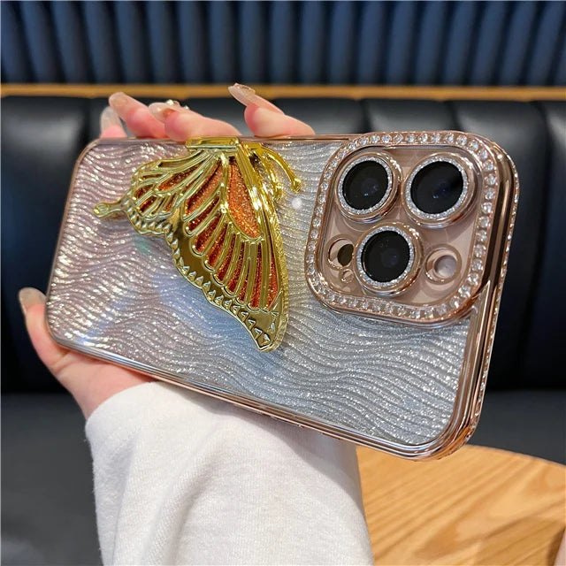 立体メタリック バタフライ iPhoneケース｜グリッター ラメ #240225