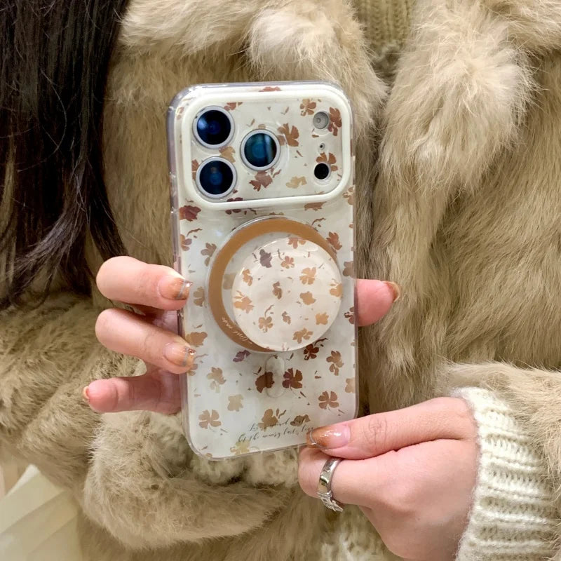 ブラウンリーフ Magnet内蔵 iPhoneケース｜落ち葉柄・マグネットリング付き #240430