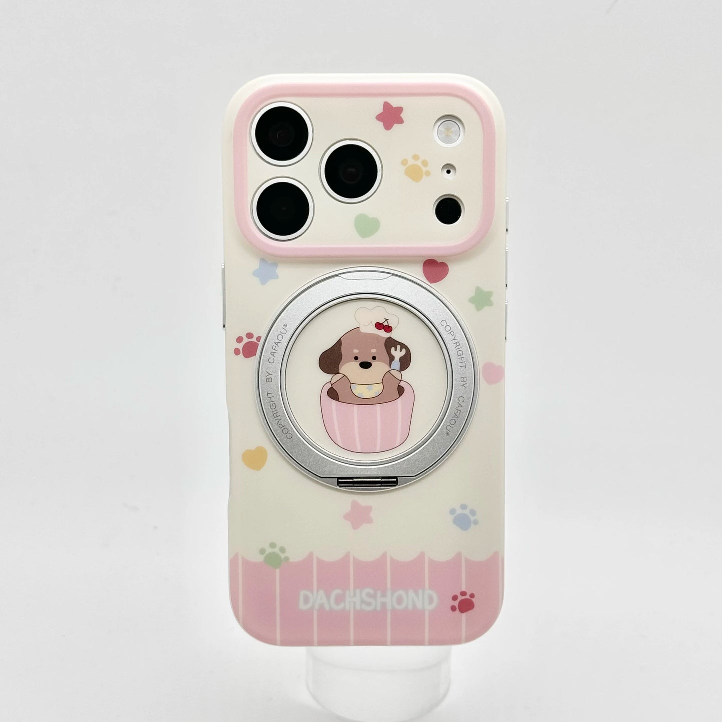 カラフルドット 水玉 ミニチュアダックス 360度回転 リングスタンド付き iPhoneケース #231209