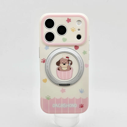 カラフルドット 水玉 ミニチュアダックス 360度回転 リングスタンド付き iPhoneケース #231209