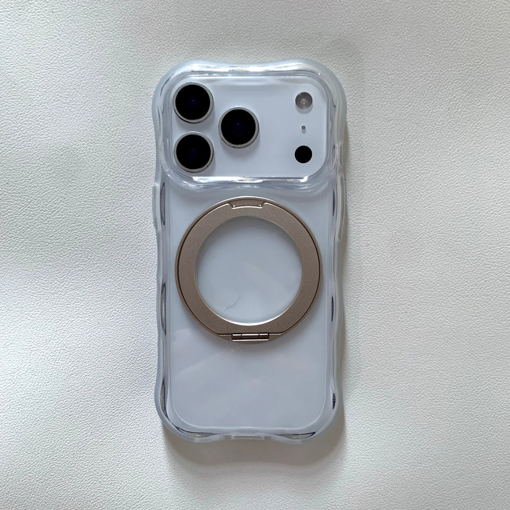 ウェーブフレーム 半透明クリア リングデザイン iPhoneケース｜ポップカラー・ホルダー付き #260083