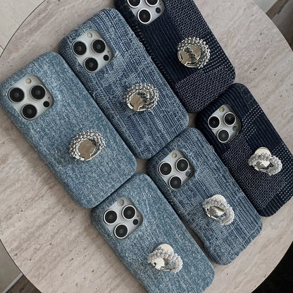 【デニムパール】ヴィンテージ デニム調 パール ビーズリング スタンド スマホケース｜iPhone対応 #250420