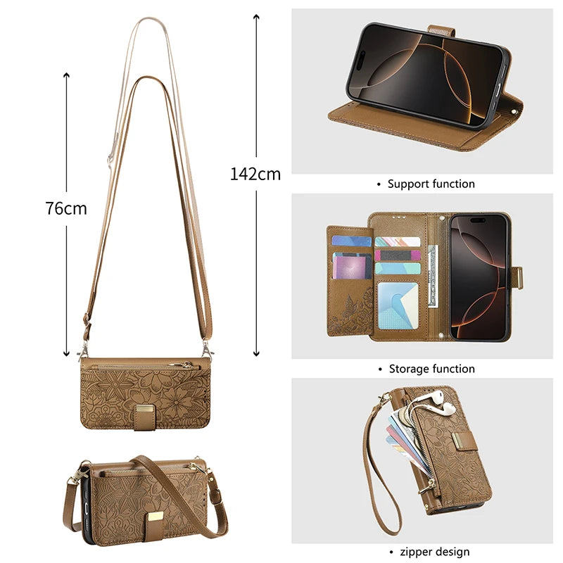 【ブックスタイル】フラワー型押し レザー調  手帳型 iPhoneケース｜財布一体型・ショルダー対応 #240123