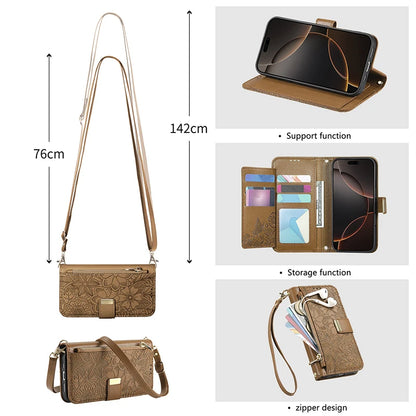 【ブックスタイル】フラワー型押し レザー調  手帳型 iPhoneケース｜財布一体型・ショルダー対応 #240123