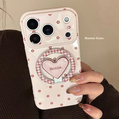 【マグネット式折りたたみハートスタンド付き】リボン × プチフラワー 小花 ハートスタンドスマホケース｜iPhone対応 #240628