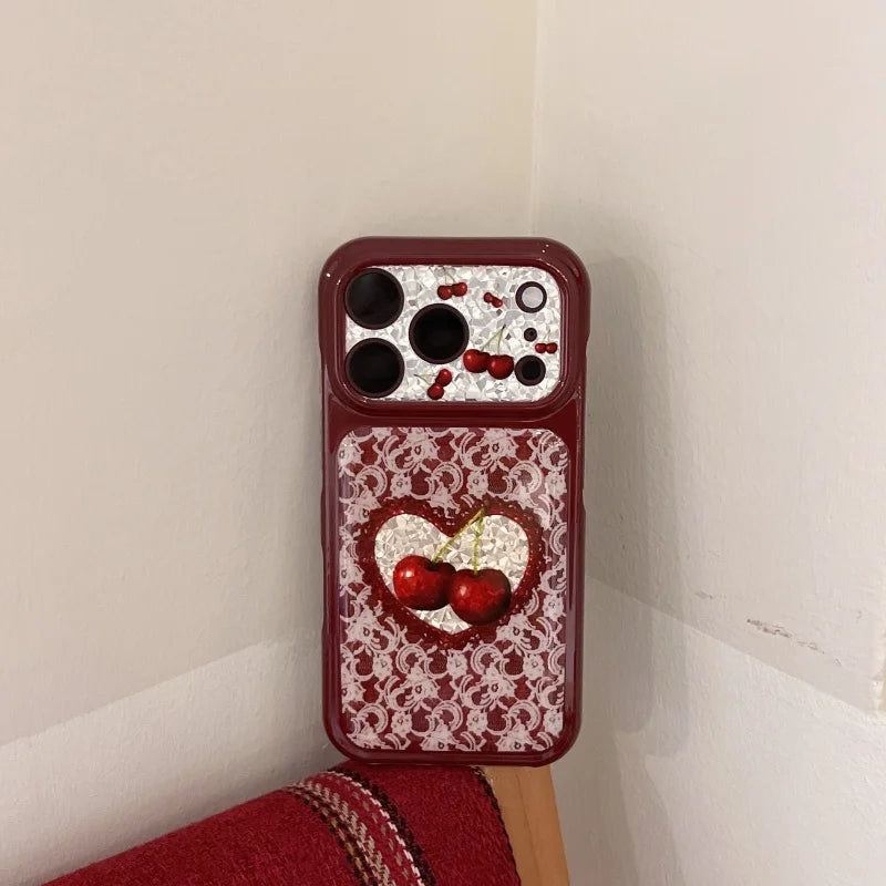 さくらんぼ ハート レース柄 シュシュストラップ付き iPhoneケース｜ボルドー・韓国っぽ #261272　