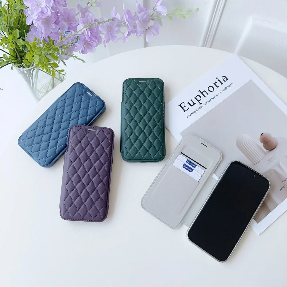 キルティング レザー調 手帳型 iPhoneケース｜クリアケース・マグネット内蔵 #240305