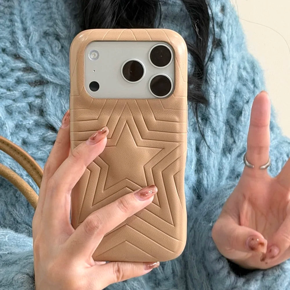 【スターエンボス】立体スター 星柄  型押しステッチ レザー調 スマホケース｜iPhone対応 #240615