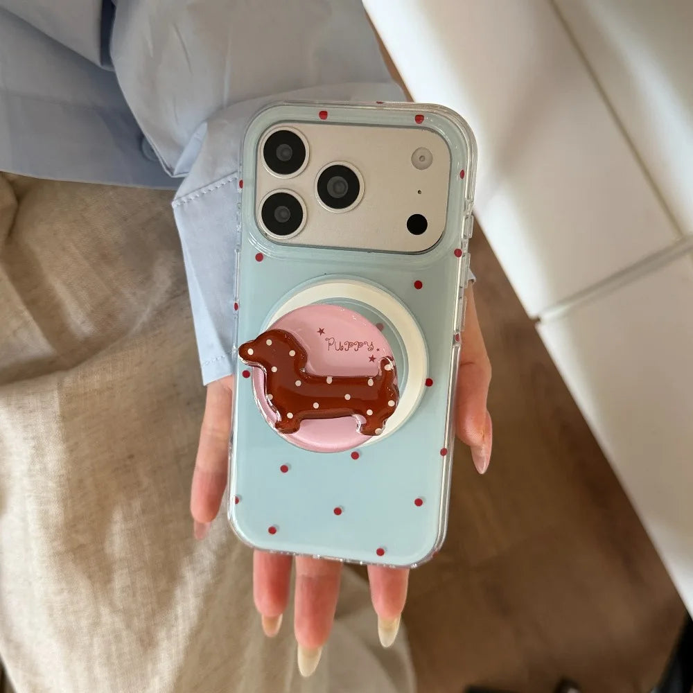 ダックスフンド スタンド付き 淡色ドット Magnet内蔵 iPhoneケース｜レトロかわいい #261257　