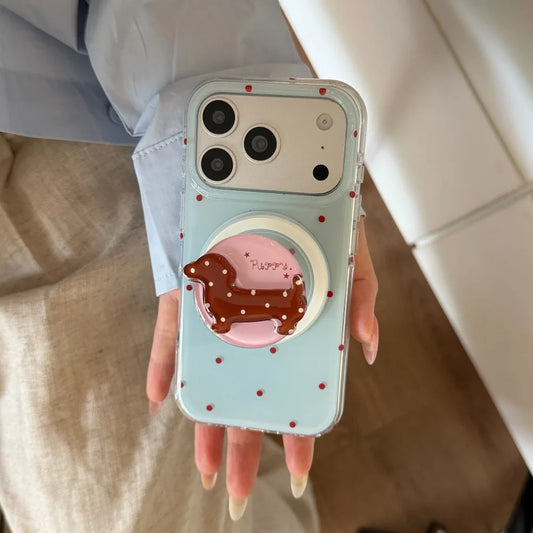 ダックスフンド スタンド付き 淡色ドット Magnet内蔵 iPhoneケース｜レトロかわいい #261257　